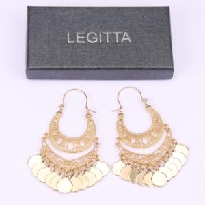 LEGITTA Bohemian Chandelier Earrings Gold Gypsy Coin Disc Charm Tassel Dangle Drop Boho Hoop Fashion Jewelry for Women