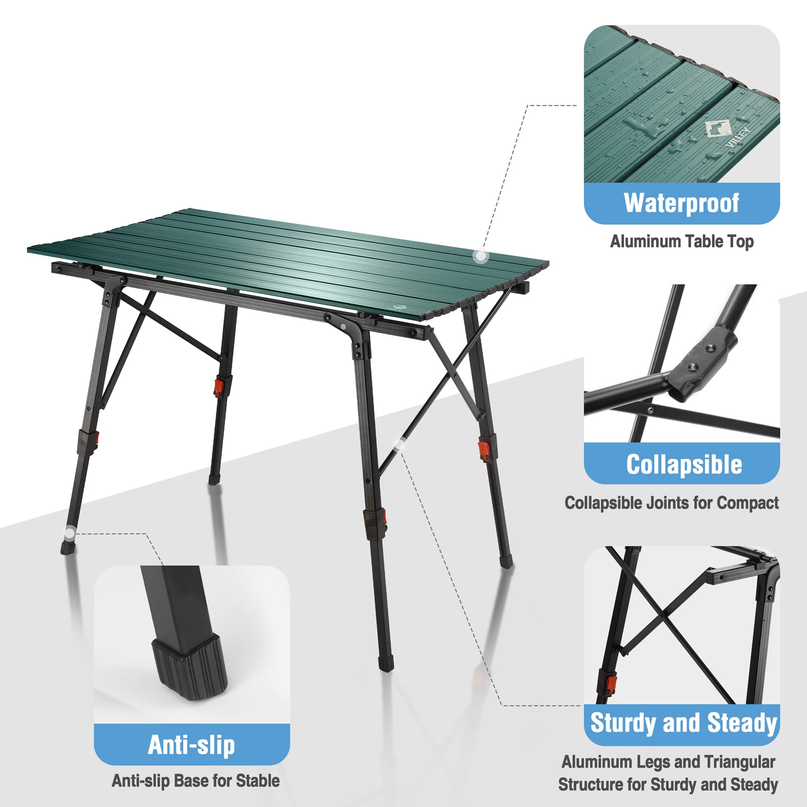 VILLEY Portable Camping Table with Adjustable Legs, Lightweight Aluminum Folding Beach Table with Carrying Bag for Outdoor Cooking, Picnic, Beach, Backyards, BBQ and Party - Green