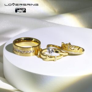 Wedding Ring Set Couples Rings Crown Claddagh ring Yellow Gold Plated Heart White Cz Titanium band