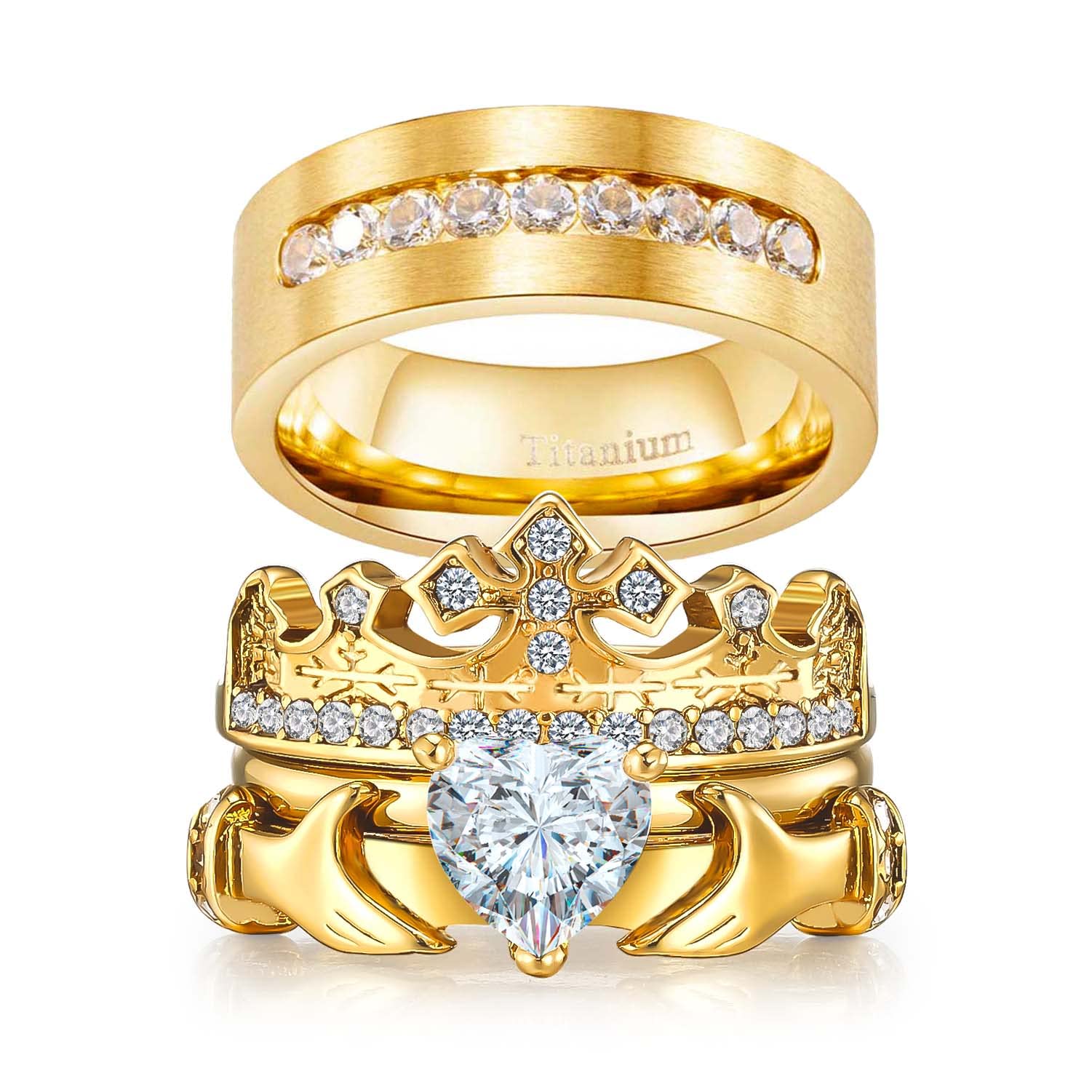 Wedding Ring Set Couples Rings Crown Claddagh ring Yellow Gold Plated Heart White Cz Titanium band