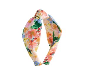 rifle paper co. marguerite knotted headband, bright floral pattern, design printed fabric over structured full polyester on durable plastic band, 1 count