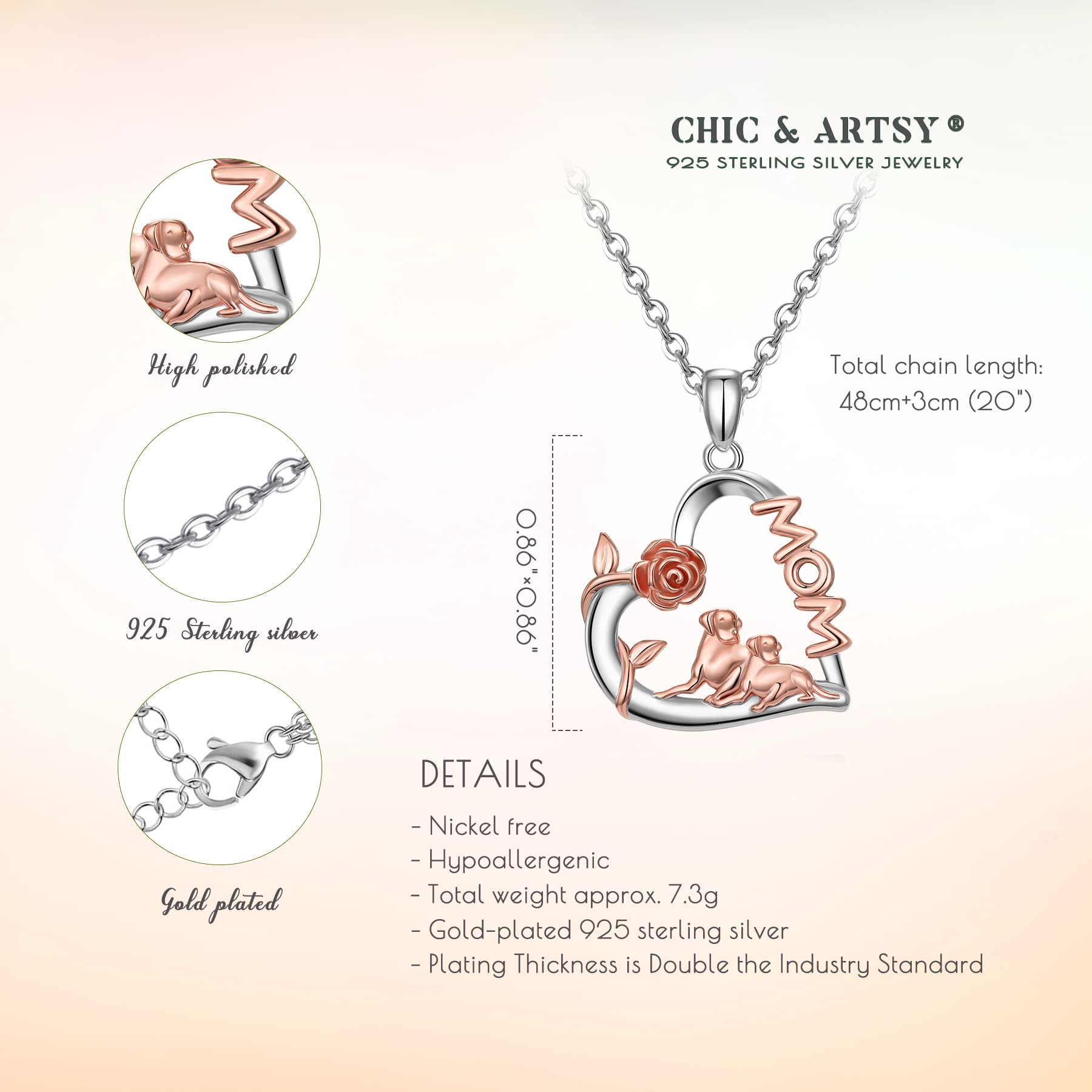 CHIC & ARTSY Dog Mom Necklace Rose Gold Plated 925 Sterling Silver Rose Flower Dog Mom Pendant Necklace Rose Flower and Dog Loving Heart Necklace Dog Mom Daughter Necklace 18"