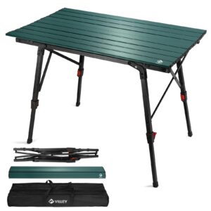 VILLEY Portable Camping Table with Adjustable Legs, Lightweight Aluminum Folding Beach Table with Carrying Bag for Outdoor Cooking, Picnic, Beach, Backyards, BBQ and Party - Green