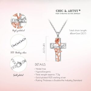 CHIC & ARTSY Women Cross Necklace 925 Sterling Silver Grandmother Necklace Nana Cross Pendant Necklace Grandma Rose Flower Cross Necklace for Mothers Day Mom Wife