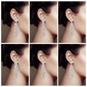 Sureio 6 Pairs Long Earrings Silver Chandelier Tassel Dangle Earrings for Women Wedding Prom Party Jewelry Fringe Rhinestone Earrings Boho Tassel Drop Dangle Crystal Earrings(Delicate Style)