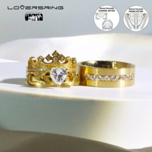 Wedding Ring Set Couples Rings Crown Claddagh ring Yellow Gold Plated Heart White Cz Titanium band