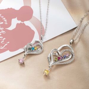 AILIN Custom Mothers Necklace With 1-8 Children Birthstones 925 Sterling Silver Heart Personalized Engraved Name Mom Pedant Necklace Family Jewelry Gifts For Women Mama Grandma Daughter