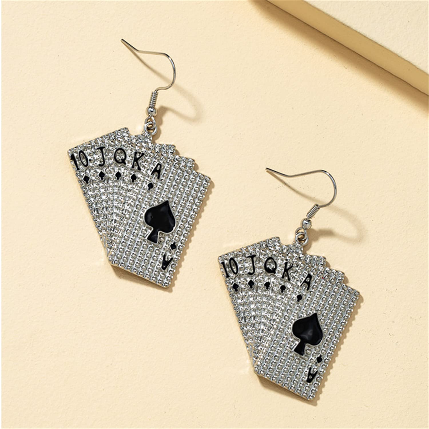 KVANU Unique Funny Hypoallergenic Alloy Sparkly Crystal Poker hearts and spades A Ace Playing Cards Dangle Drop Stud Earrings For Women Gambling Casino Jewelry Gift (Black)