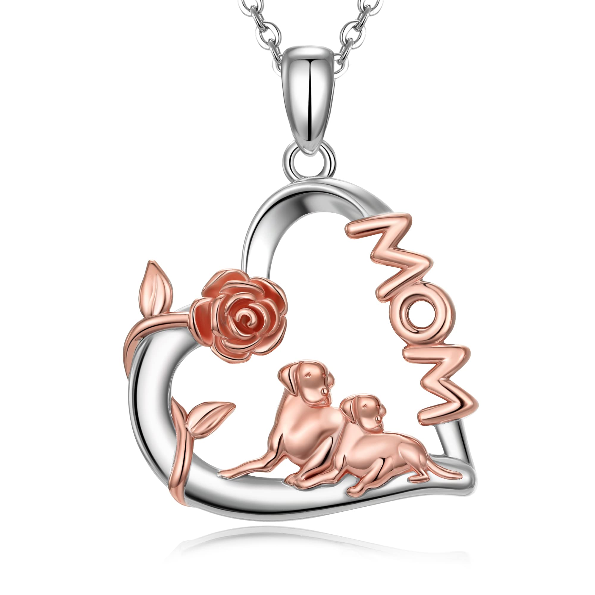 CHIC & ARTSY Dog Mom Necklace Rose Gold Plated 925 Sterling Silver Rose Flower Dog Mom Pendant Necklace Rose Flower and Dog Loving Heart Necklace Dog Mom Daughter Necklace 18"