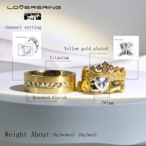 Wedding Ring Set Couples Rings Crown Claddagh ring Yellow Gold Plated Heart White Cz Titanium band