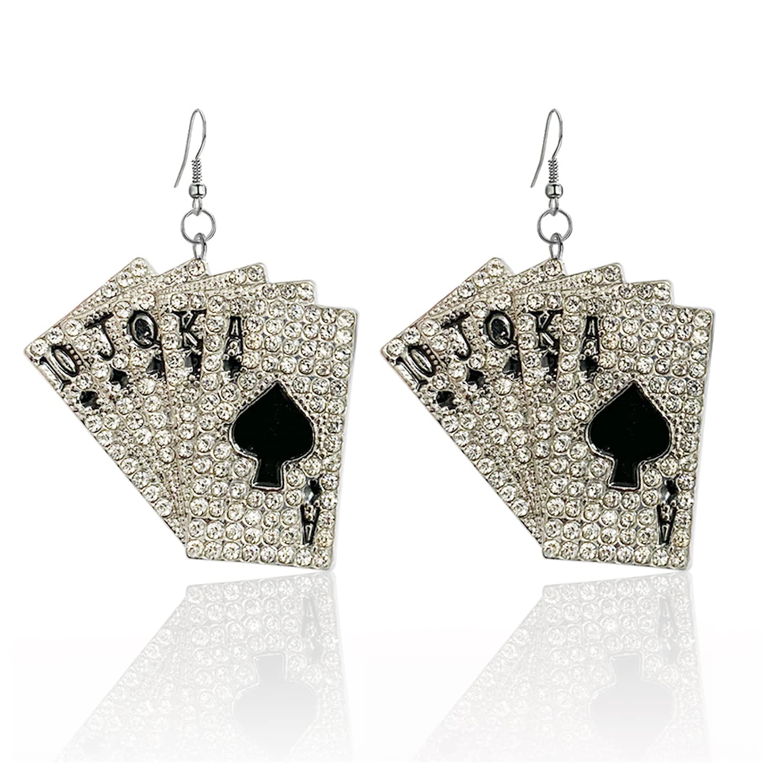 KVANU Unique Funny Hypoallergenic Alloy Sparkly Crystal Poker hearts and spades A Ace Playing Cards Dangle Drop Stud Earrings For Women Gambling Casino Jewelry Gift (Black)