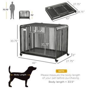 PawHut Foldable Heavy Duty Dog Cage, Chew Proof Dog Crate on Wheels, Portable Dog Crate Kennel with Removable Tray, Large and Medium Pups, 43"