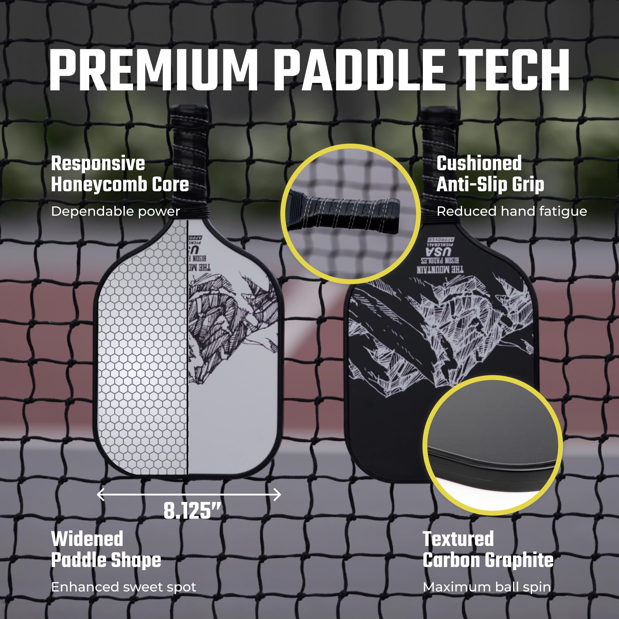 Pickleball Paddles Set of 2 | Lightweight & Powerful | Durable Unibody Construction | Textured Carbon Surface & Honeycomb Core | Pickleball Set Includes 4 Pickleballs, & Carry Case | USAPA Approved