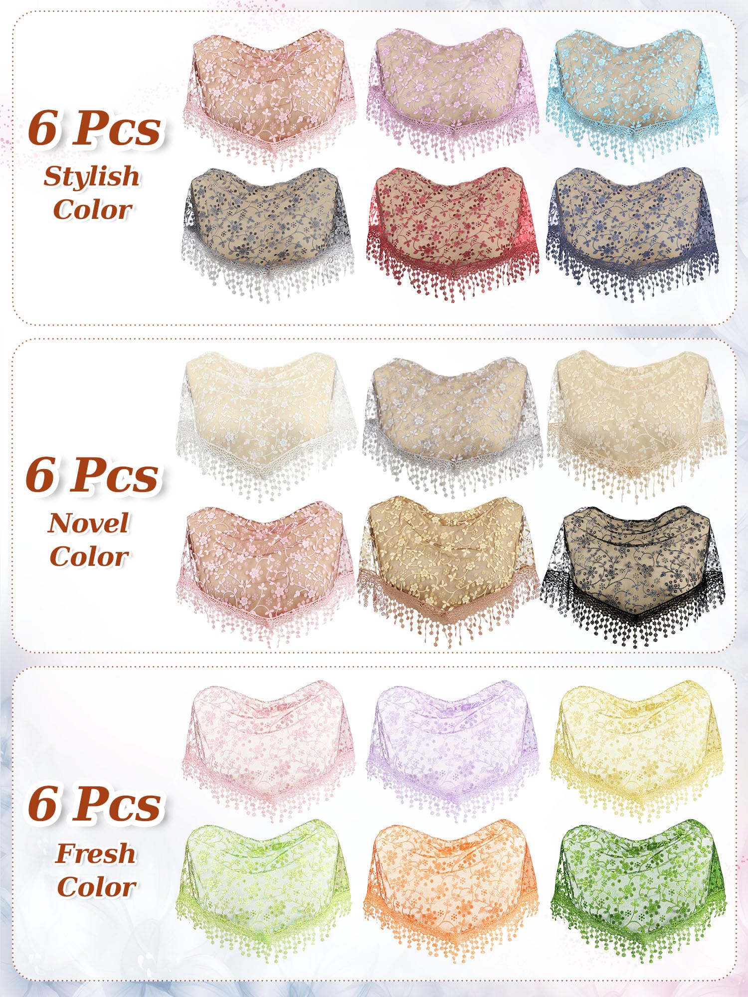 Zhanmai 6 Pcs Veils for Church Catholic Mass Veils for Women Catholic Lace Triangle Lace Mantilla Floral Tulle Scarf Covering (Novel Color)