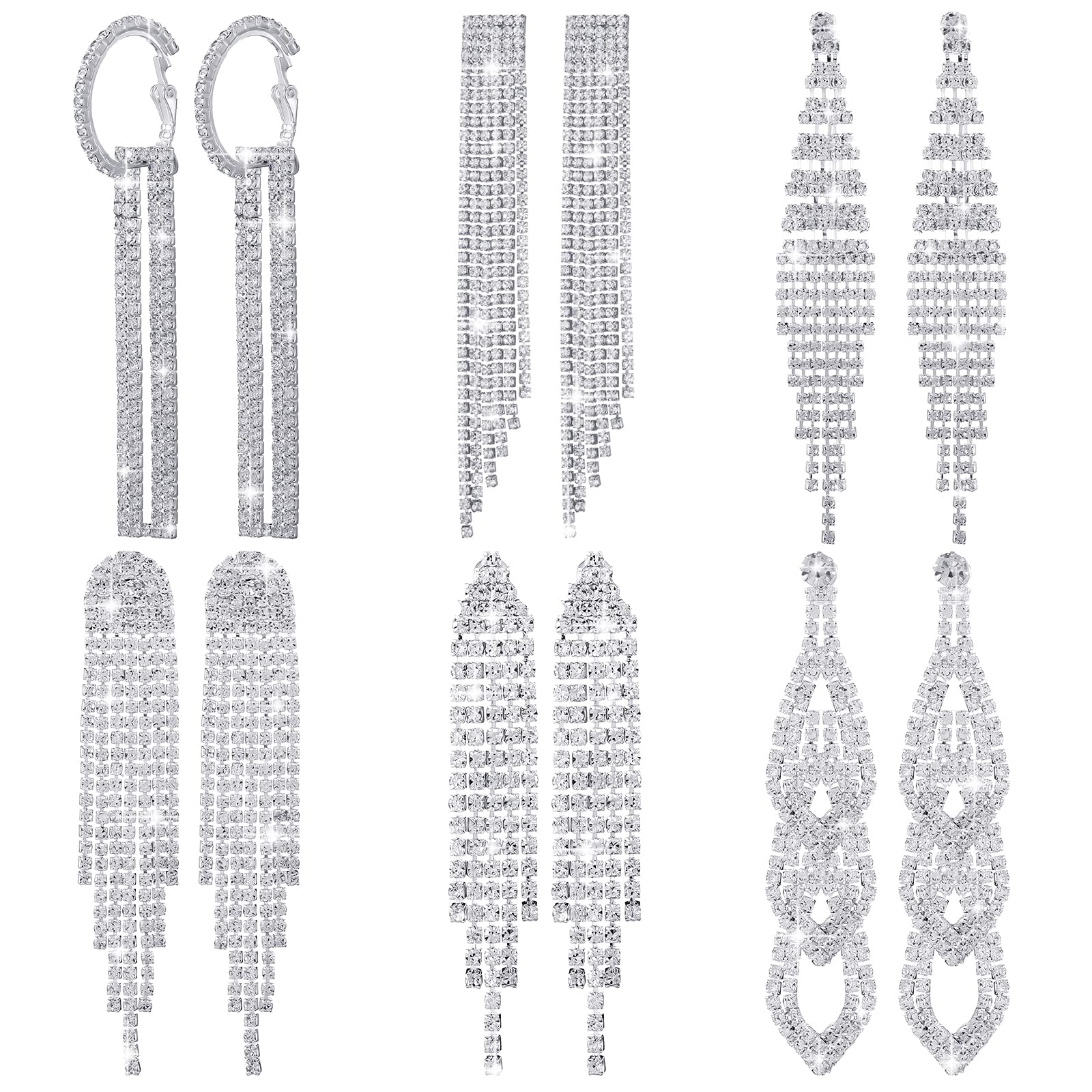 Sureio 6 Pairs Long Earrings Silver Chandelier Tassel Dangle Earrings for Women Wedding Prom Party Jewelry Fringe Rhinestone Earrings Boho Tassel Drop Dangle Crystal Earrings(Delicate Style)