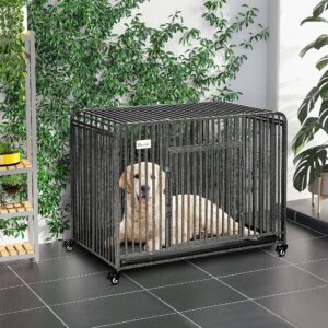 PawHut Foldable Heavy Duty Dog Cage, Chew Proof Dog Crate on Wheels, Portable Dog Crate Kennel with Removable Tray, Large and Medium Pups, 43"