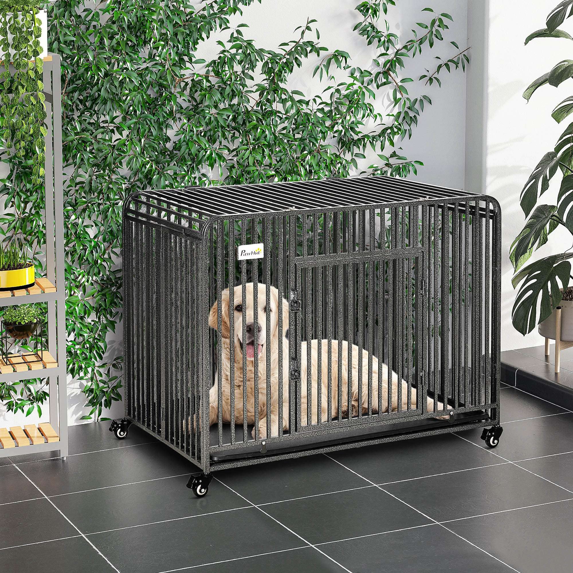 PawHut Foldable Heavy Duty Dog Cage, Chew Proof Dog Crate on Wheels, Portable Dog Crate Kennel with Removable Tray, Large and Medium Pups, 43"