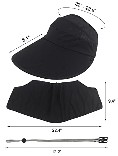 Muryobao Womens Baseball Sun Hat Outdoor Wide Brim UV Protection Foldable Ponytail Mesh Summer Visor Cap with Removable Neck Face Flap for Garden Beach Travel Black