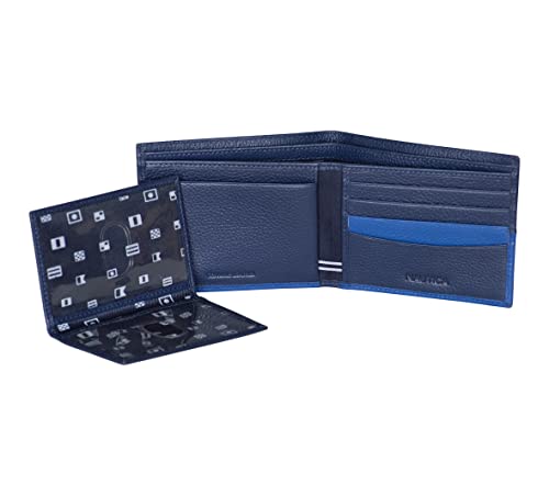 Nautica Men's Pebble Two-Tone Bifold Leather Wallet and Passcase with 4 slots and RFID Protection, Cobalt Blue