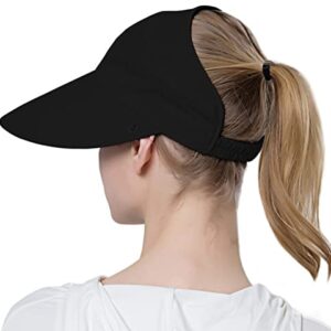 Muryobao Womens Baseball Sun Hat Outdoor Wide Brim UV Protection Foldable Ponytail Mesh Summer Visor Cap with Removable Neck Face Flap for Garden Beach Travel Black