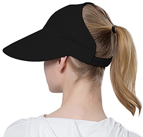 Muryobao Womens Baseball Sun Hat Outdoor Wide Brim UV Protection Foldable Ponytail Mesh Summer Visor Cap with Removable Neck Face Flap for Garden Beach Travel Black