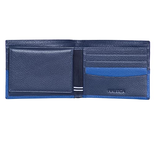 Nautica Men's Pebble Two-Tone Bifold Leather Wallet and Passcase with 4 slots and RFID Protection, Cobalt Blue