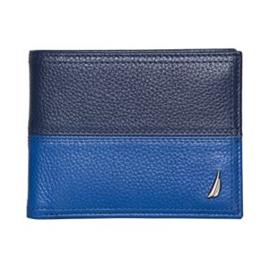 Nautica Men's Pebble Two-Tone Bifold Leather Wallet and Passcase with 4 slots and RFID Protection, Cobalt Blue