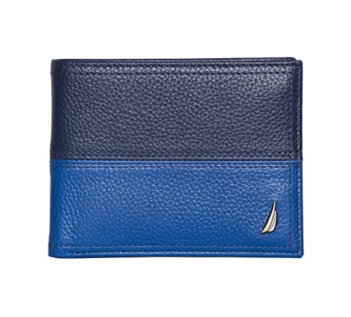 Nautica Men's Pebble Two-Tone Bifold Leather Wallet and Passcase with 4 slots and RFID Protection, Cobalt Blue