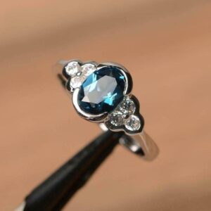 BeBold 1.2ct Oval Cut Created London Blue Topaz Floral Bezel Set Ring White Gold Plated