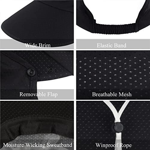 Muryobao Womens Baseball Sun Hat Outdoor Wide Brim UV Protection Foldable Ponytail Mesh Summer Visor Cap with Removable Neck Face Flap for Garden Beach Travel Black