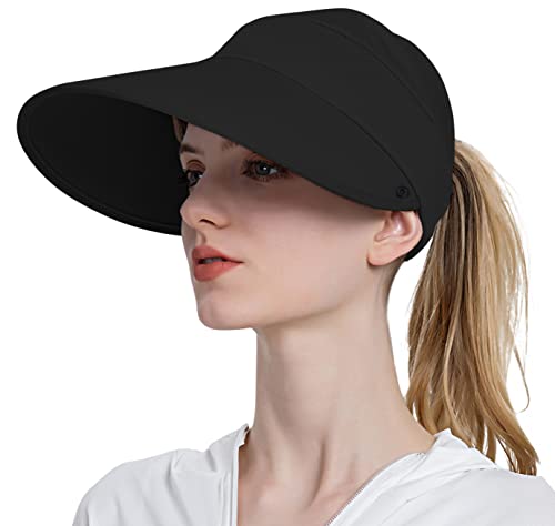 Muryobao Womens Baseball Sun Hat Outdoor Wide Brim UV Protection Foldable Ponytail Mesh Summer Visor Cap with Removable Neck Face Flap for Garden Beach Travel Black