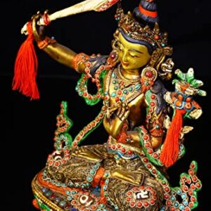 9" Tibetan Temple Collection Old Bronze Outline in Gold Painted Mosaic gem Dzi Beads Manjushri Worship Buddha Town House