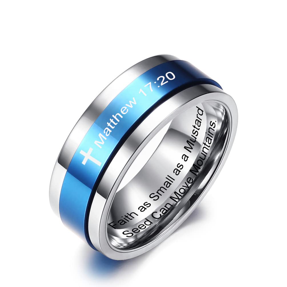 MZZJ Matthew 17:20 Christian Quote Inspirational Ring Bible Verse 8MM 2 Tone Silver Blue Stainless Steel Meditation Spinner Fidget Flat Rings Wedding Band,Size 10