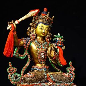 9" Tibetan Temple Collection Old Bronze Outline in Gold Painted Mosaic gem Dzi Beads Manjushri Worship Buddha Town House