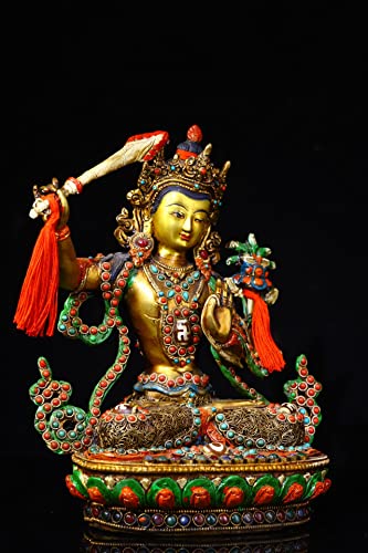 9" Tibetan Temple Collection Old Bronze Outline in Gold Painted Mosaic gem Dzi Beads Manjushri Worship Buddha Town House