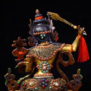 9" Tibetan Temple Collection Old Bronze Outline in Gold Painted Mosaic gem Dzi Beads Manjushri Worship Buddha Town House