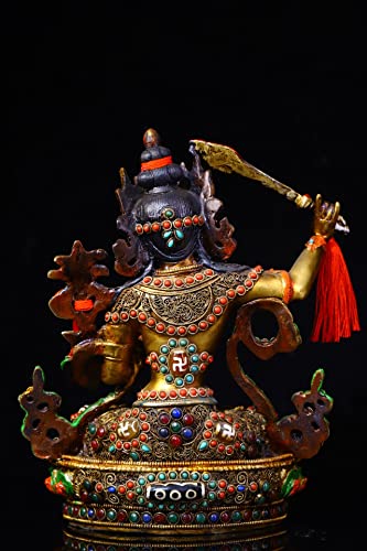 9" Tibetan Temple Collection Old Bronze Outline in Gold Painted Mosaic gem Dzi Beads Manjushri Worship Buddha Town House