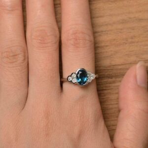 BeBold 1.2ct Oval Cut Created London Blue Topaz Floral Bezel Set Ring White Gold Plated