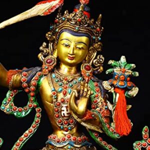 9" Tibetan Temple Collection Old Bronze Outline in Gold Painted Mosaic gem Dzi Beads Manjushri Worship Buddha Town House