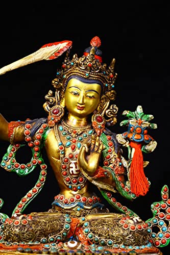 9" Tibetan Temple Collection Old Bronze Outline in Gold Painted Mosaic gem Dzi Beads Manjushri Worship Buddha Town House