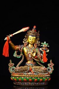 9" tibetan temple collection old bronze outline in gold painted mosaic gem dzi beads manjushri worship buddha town house