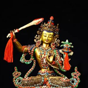 9" Tibetan Temple Collection Old Bronze Outline in Gold Painted Mosaic gem Dzi Beads Manjushri Worship Buddha Town House