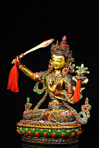 9" Tibetan Temple Collection Old Bronze Outline in Gold Painted Mosaic gem Dzi Beads Manjushri Worship Buddha Town House