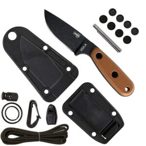 esee knives izula fixed blade knife w/survival kit, sheath & clip plate (black blade/coyote brown handle/black sheath/survival kit)