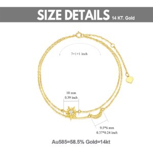 14K Gold Sun and Moon Bracelets for Women Real Yellow Gold Crescent Moon Layered Link Bracelets Christmas/Birthday Gift for Wife Mom Friend Her 7''+1''+1'' inch (Sun Moon)