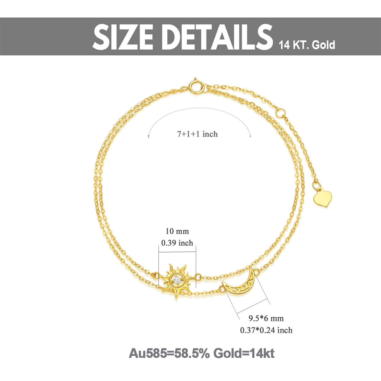 14K Gold Sun and Moon Bracelets for Women Real Yellow Gold Crescent Moon Layered Link Bracelets Christmas/Birthday Gift for Wife Mom Friend Her 7''+1''+1'' inch (Sun Moon)