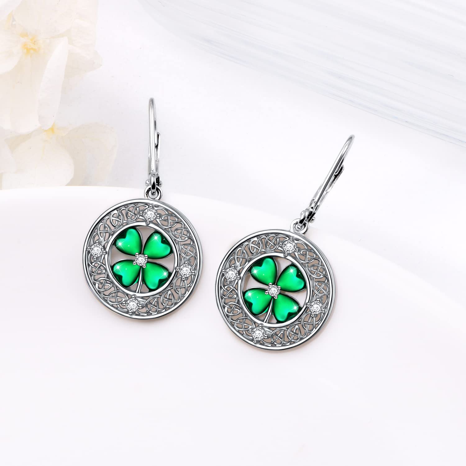 Shamrock Earrings Sterling Silver St Patrick’s Day Earrings Celtic Knot Leverback Earring Four Leaf Clover Earrings Green Irish Jewelry Gifts