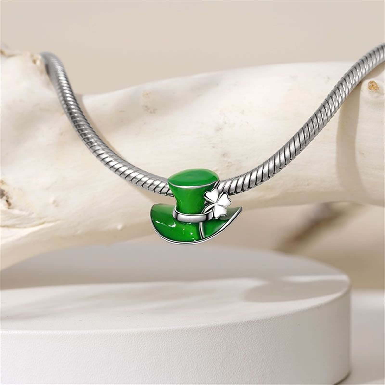 GNOCE Green Hat Charm Bead 925 Sterling Silver with Transparent Green Enamels Gift for St Patrick's Day