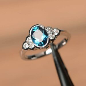 BeBold 1.2ct Oval Cut Created London Blue Topaz Floral Bezel Set Ring White Gold Plated