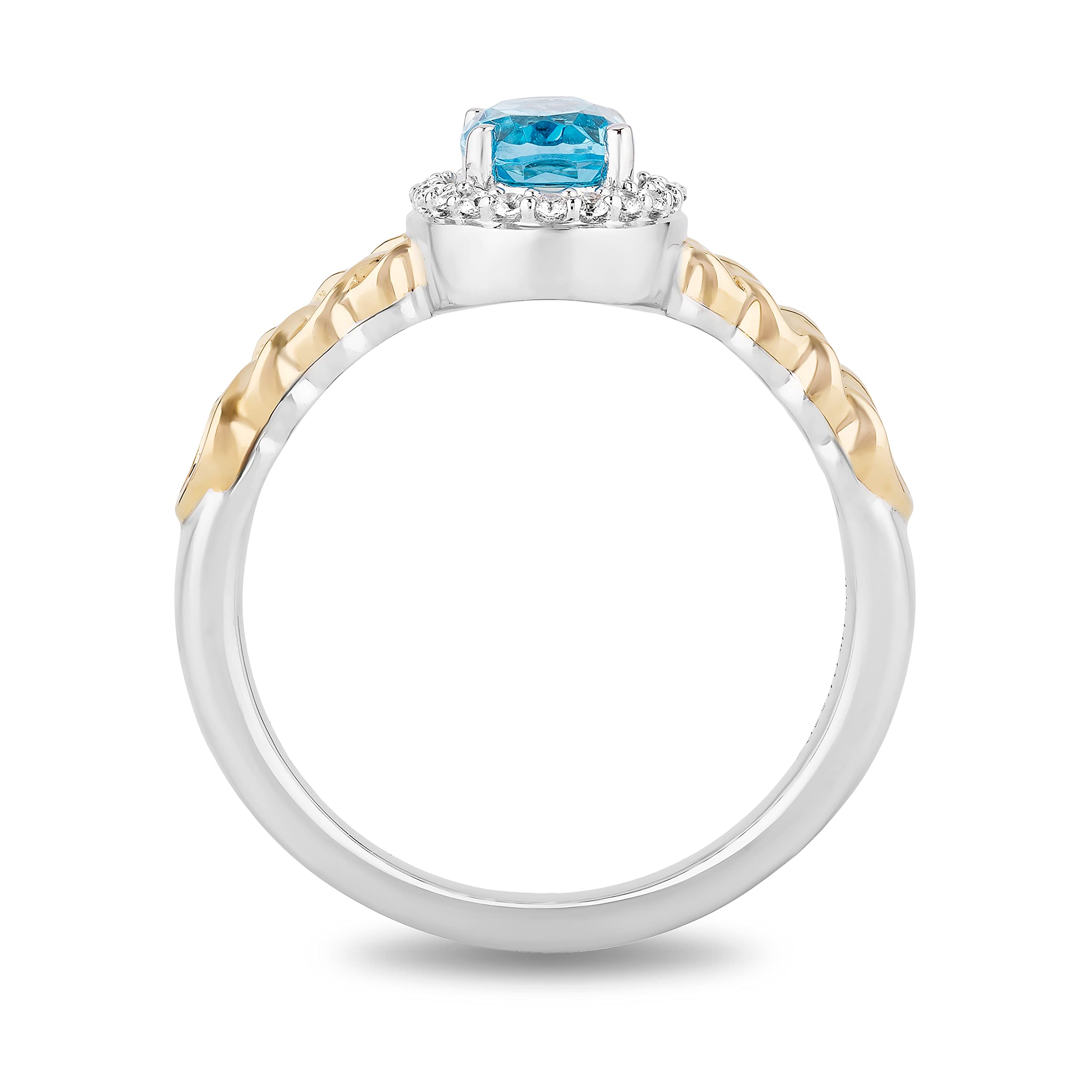 Jewelili Enchanted Disney Fine Jewelry Sterling Silver and 10K Yellow Gold with 1/10 CTTW Diamond and Swiss Blue Topaz Brave 10th Anniversary Collectors Merida Halo Ring